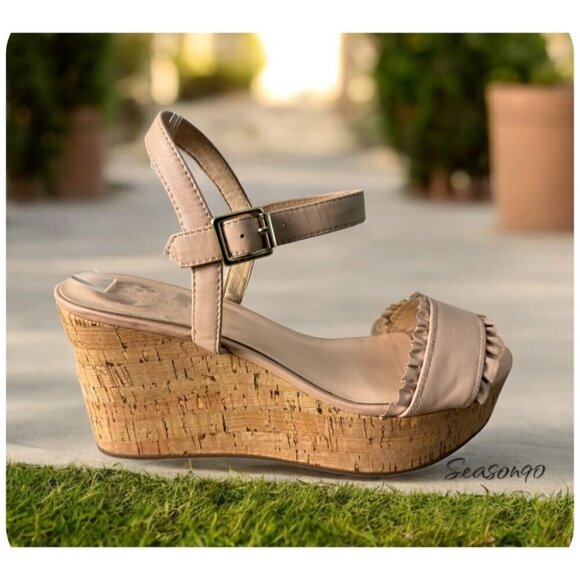 KATE SPADE NY Tomas NEW Leather Platform Wedge Sandal Strappy Nude Womens Sz 10M - Picture 1 of 13